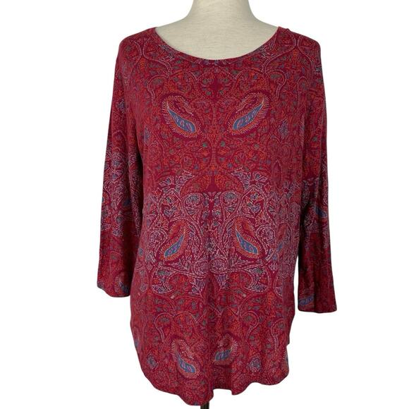 Lucky Brand Boho Top Women Large Red Paisley Slub Knit Split Back Tunic - Picture 1 of 11